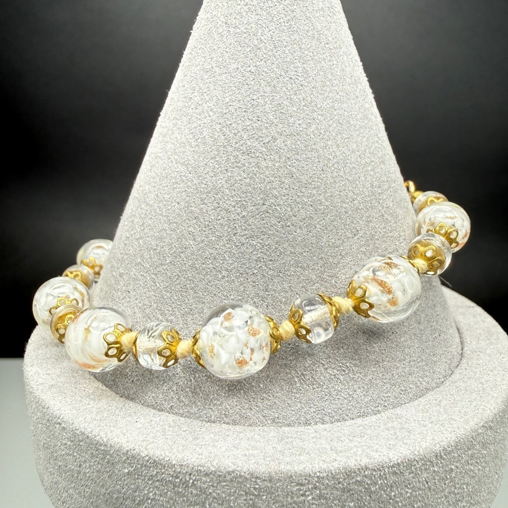 Vintage Aventurine Glass Bead Bracelet White Gold Foil Gold Tone Filigree 8"